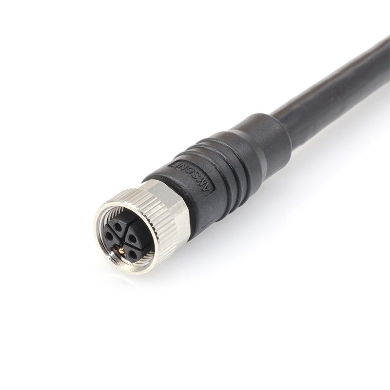 Силовой кабель с L-кодировкой M12, 5P (4+PE), гнездовой, экранированный, с формованным открытым концом, прямой, 16A/63V, для буксируемых цепей, длина кабеля: переменная