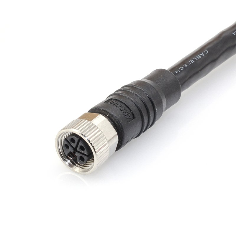 Силовой кабель с L-кодом M12, 4-контактный, гнездовой, экранированный, с формованным открытым концом, прямой, 16A/63V, для буксируемых цепей, длина кабеля: переменная